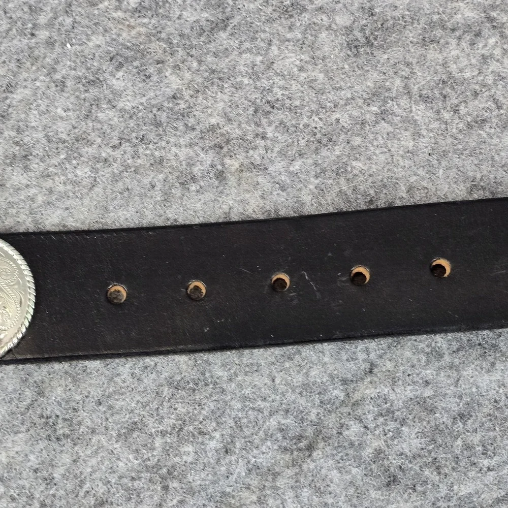 VTG Jacobs Leather Western Belt Teens Small Black Concho Rose Buckle USA